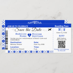 Santorini Skies Boarding Pass Style Save The Date 