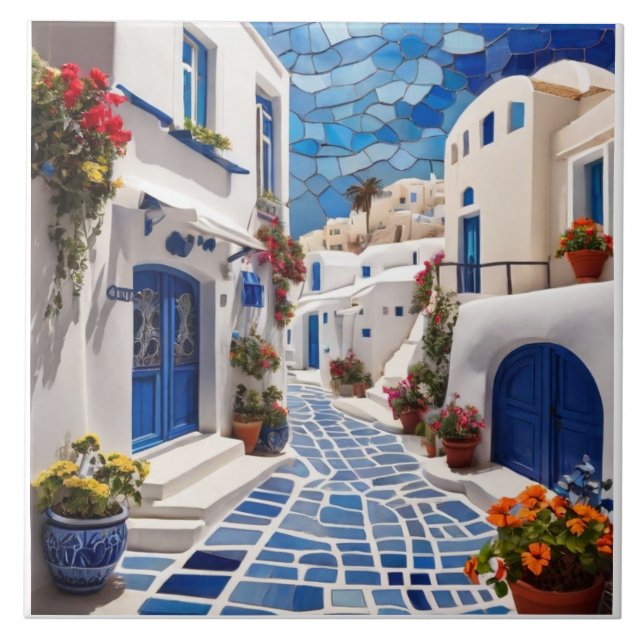 Santorini Street, Greece, Greek Mixed Media Mosaic Ceramic Tile (Front)