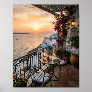 Santorini Sunset Cafe Balcony Overlooking Aegean S Poster