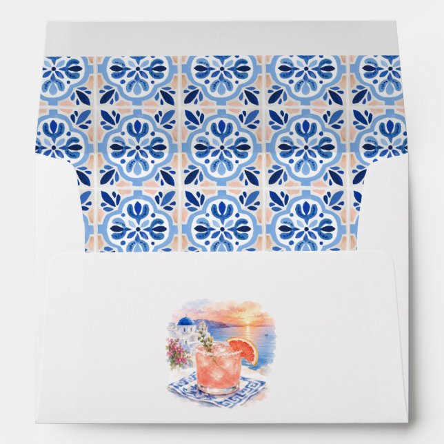 Santorini Sunset Cocktail Greek Tile Wedding Envelope (Back (Bottom))