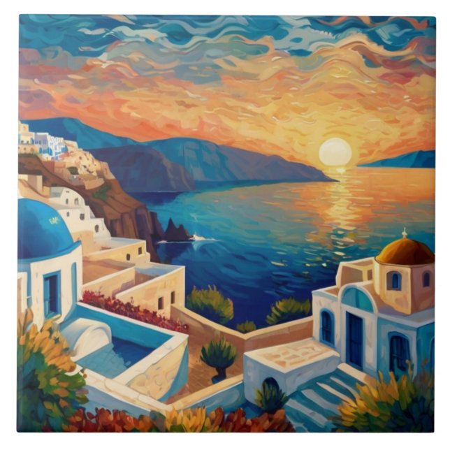 Santorini Sunset - Greece - Greek Island Village Ceramic Tile (Front)