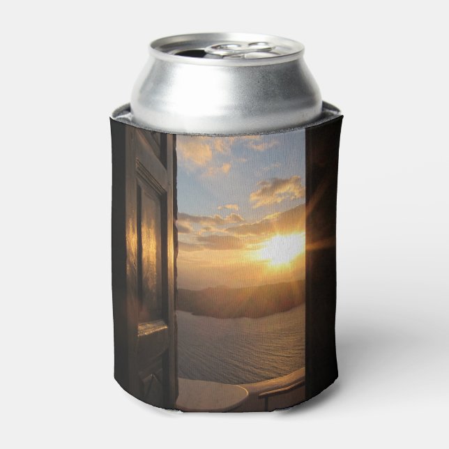 Santorini sunset through door can cooler (Can Front)