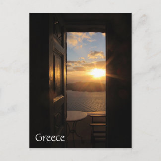 Santorini sunset through door postcard