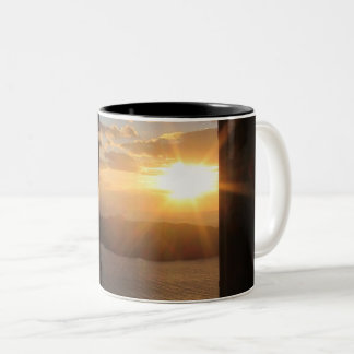 Santorini sunset through door Two-Tone coffee mug