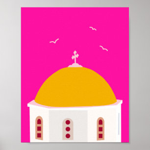Santorini Travel Greece Hot Pink And Yellow Poster
