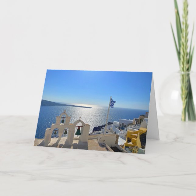 Santorini Triple Bell Tower Greece Photography Card (Front)