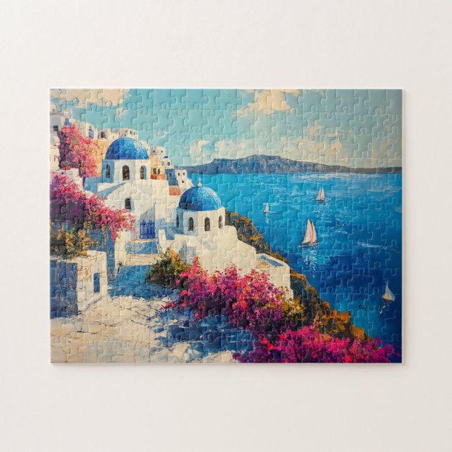 Santorini Vibrant Flowers Digital Oil Painting Jigsaw Puzzle (Horizontal)