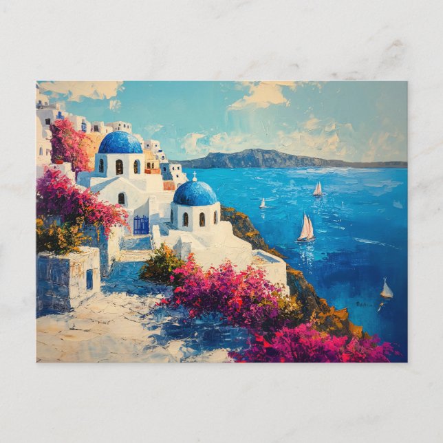 Santorini Vibrant Flowers Digital Oil Painting Postcard (Front)