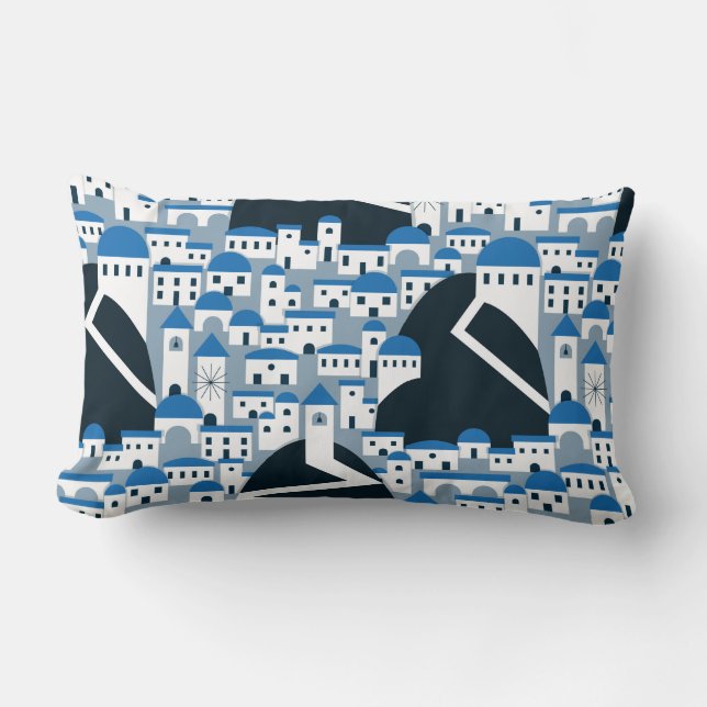Santorini village pattern in white and blue lumbar cushion (Front)