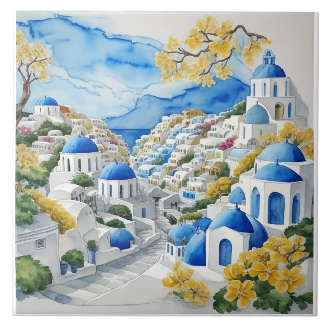 Santorini Watercolor Greek Houses & Yellow Flowers Ceramic Tile (Front)