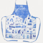 Santorini Watercolor Personalised Apron<br><div class="desc">Watercolor blue and white painting based on Oia on the Greek island of Santorini. Change the name to personalise.</div>
