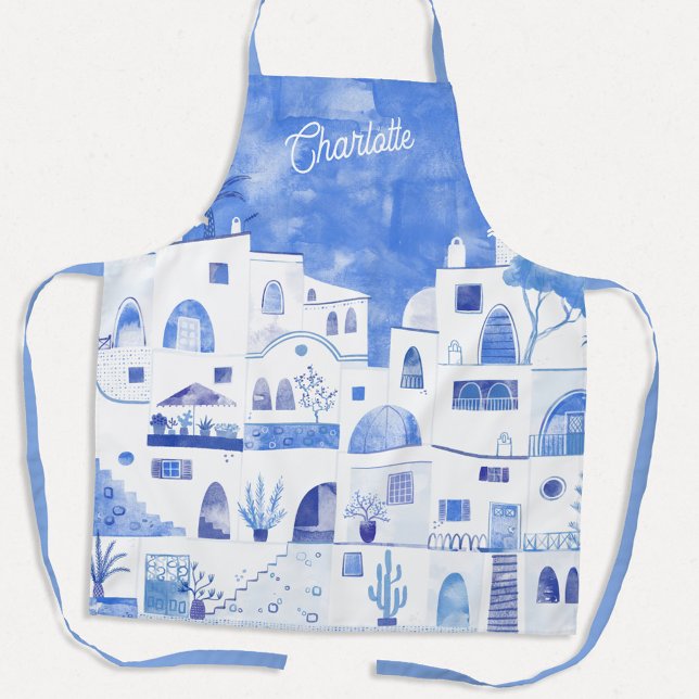 Santorini Watercolor Personalised Apron (Personalized name blue and white watercolor Santorini Greek Island art apron)