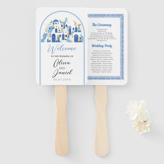 Santorini Wedding Menu Programme Greece Greek Hand Fan (Front and Back)