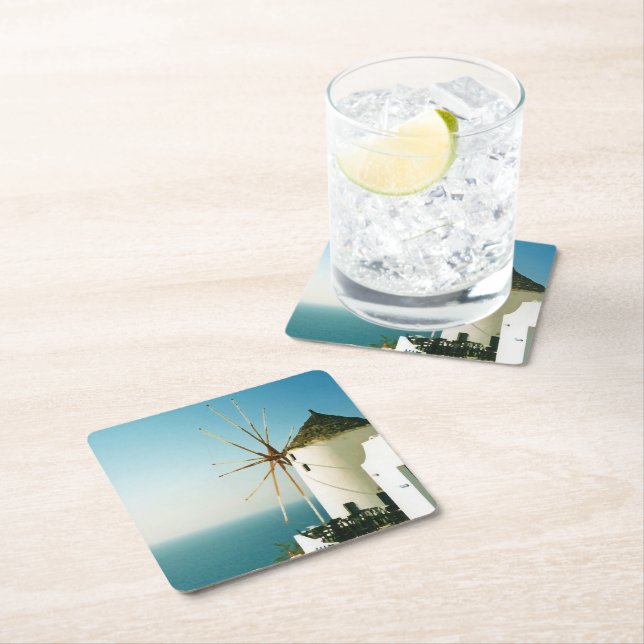 Santorini windmill, Greece Square Paper Coaster (Insitu)