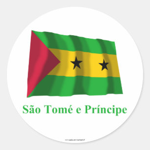 Sao Tome & Principe Waving Flag with Name in Portu Classic Round Sticker