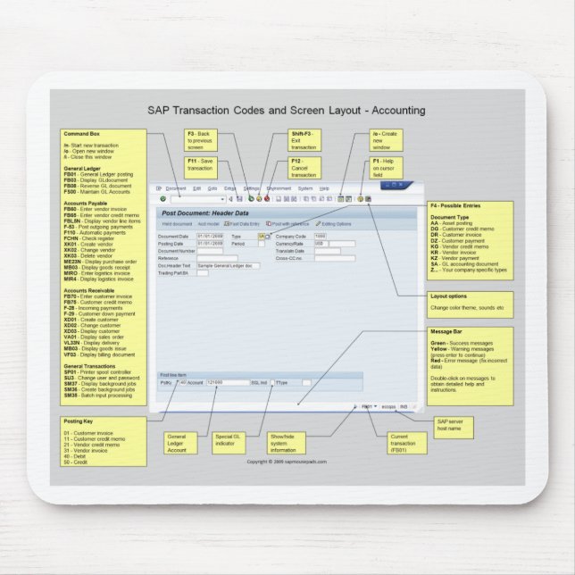 SAP Accounting Transaction Codes and Layout Mouse Pad (Front)