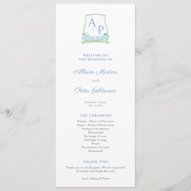 Sap Green Blue Hydrangea Monogram Wedding Program (Front)