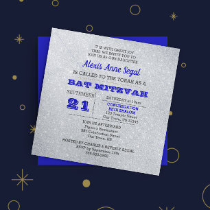 Sapphire and Silver Glitter Glam Bat Mitzvah Invitation
