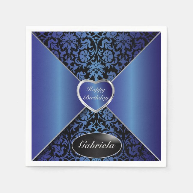 Sapphire Blue and Black Damask | Personalise Napkin (Front)