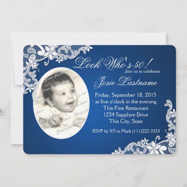 Sapphire Blue and Floral Lace Photo Birthday Invitation (Front)