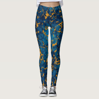 Sapphire Blue and Gold Marble Texture Design Leggings