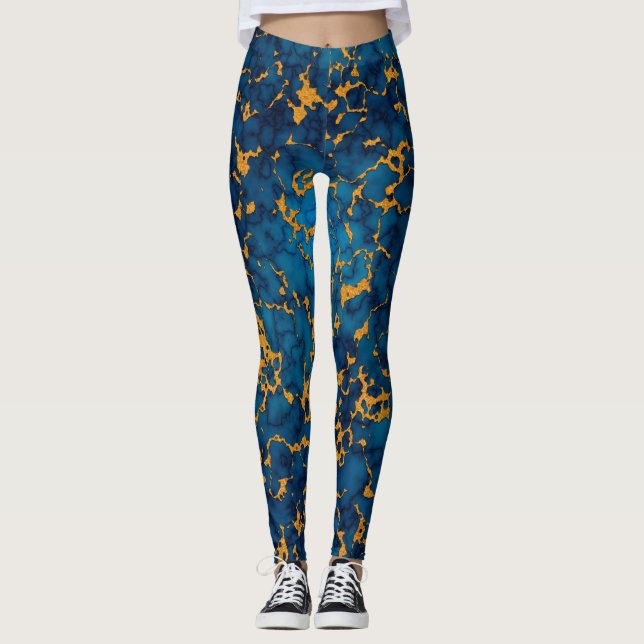 Sapphire Blue and Gold Marble Texture Design Leggings (Front)