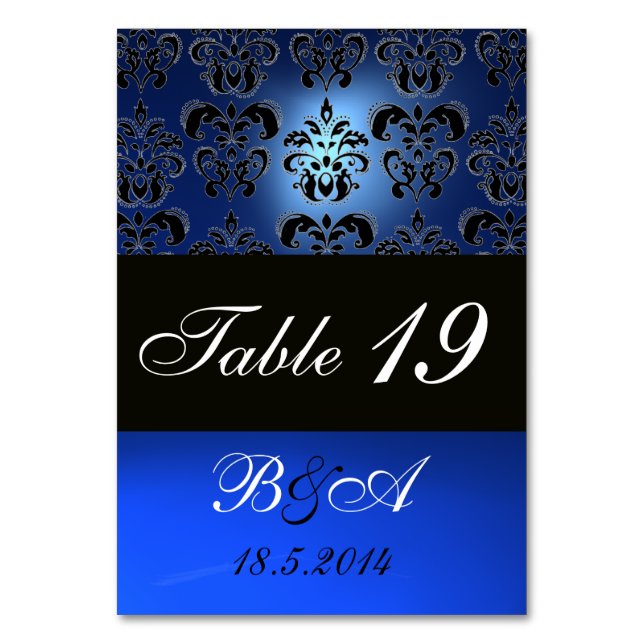 SAPPHIRE BLUE BLACK WHITE CLASSY DAMASK MONOGRAM TABLE NUMBER (Back)