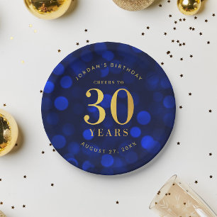 Sapphire Blue Bokeh Cheers to 30 Years Birthday Paper Plate