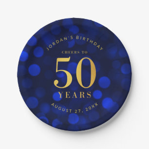 Sapphire Blue Bokeh Cheers to 50 Years Birthday Paper Plate