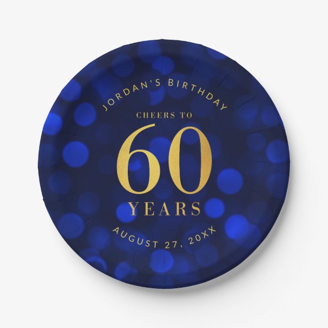 Sapphire Blue Bokeh Cheers to 60 Years Birthday Paper Plate (Front)
