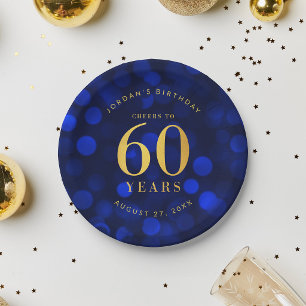 Sapphire Blue Bokeh Cheers to 60 Years Birthday Paper Plate