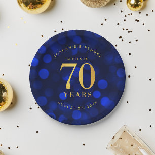 Sapphire Blue Bokeh Cheers to 70 Years Birthday Paper Plate