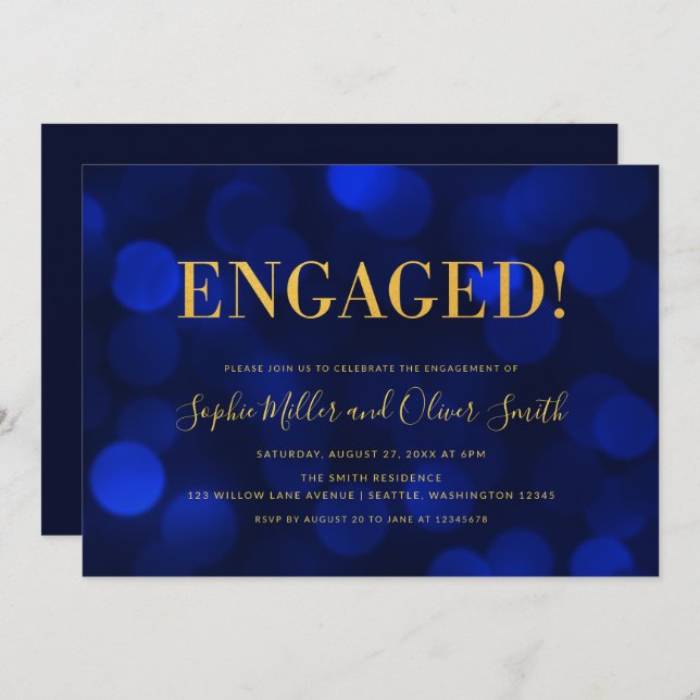 Sapphire Blue Bokeh Faux Gold Engagement Party Invitation (Front/Back)