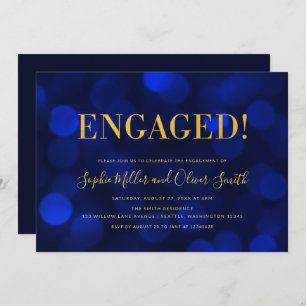 Sapphire Blue Bokeh Faux Gold Engagement Party Invitation