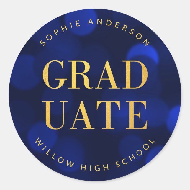 Sapphire Blue Bokeh Faux Gold Graduate Classic Round Sticker (Front)