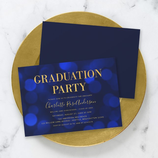 Sapphire Blue Bokeh Faux Gold Graduation Party Invitation (Creator Uploaded)