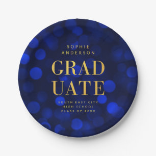 Sapphire Blue Bokeh Lights Faux Gold Graduate Paper Plate