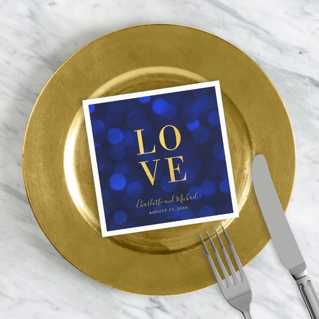 Sapphire Blue Bokeh Lights Faux Gold Love Napkin (Creator Uploaded)
