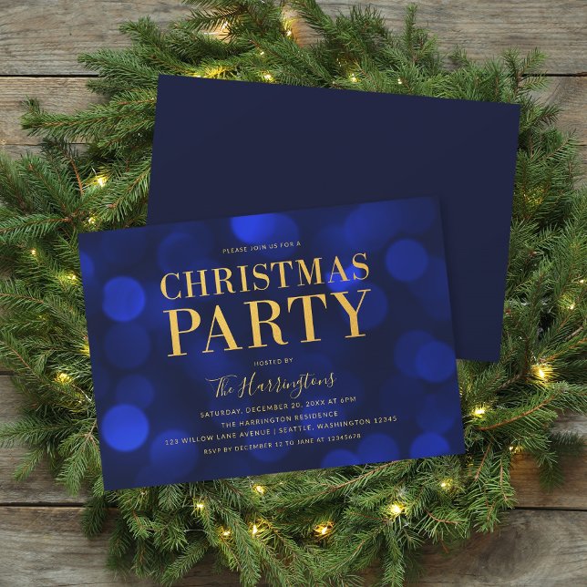 Sapphire Blue Bokeh Lights Gold Christmas Party Invitation (Creator Uploaded)