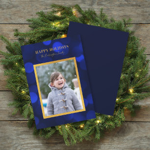 Sapphire Blue Bokeh Lights Gold Happy Holidays Holiday Card