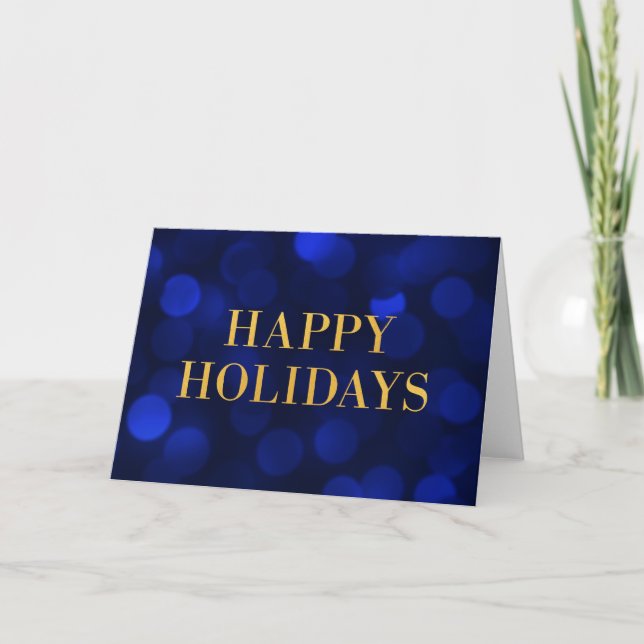 Sapphire Blue Bokeh Lights Gold Happy Holidays Holiday Card (Front)