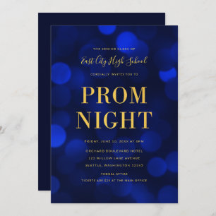Sapphire Blue Bokeh Lights Gold High School Prom Invitation