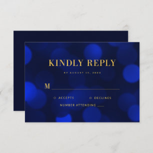 Sapphire Blue Bokeh Lights Gold Wedding RSVP Card