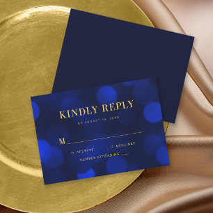 Sapphire Blue Bokeh Lights Gold Wedding RSVP Card