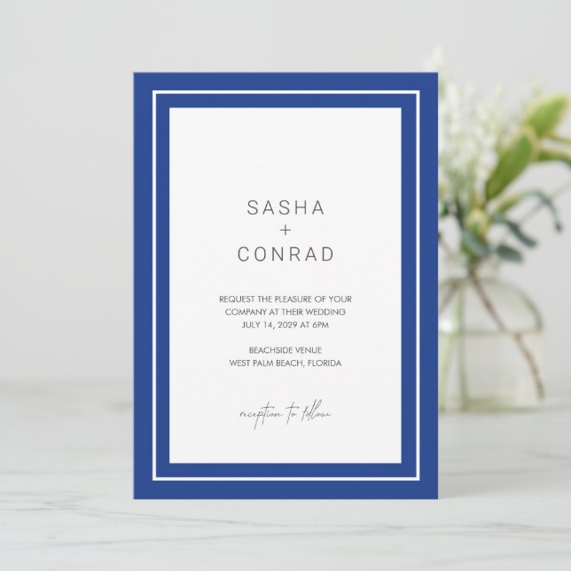 Sapphire Blue Bold Border Modern Wedding Invitation (Standing Front)