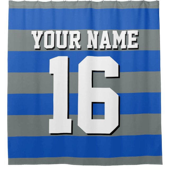 Sapphire Blue Charcoal Sports Jersey Preppy Stripe Shower Curtain (Front)