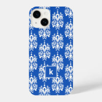 Sapphire Blue Damask Pattern Monogram