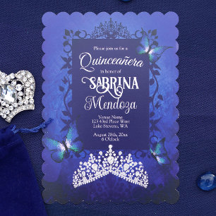 Sapphire Blue, Diamond Tiara Butterfly Quinceanera Invitation