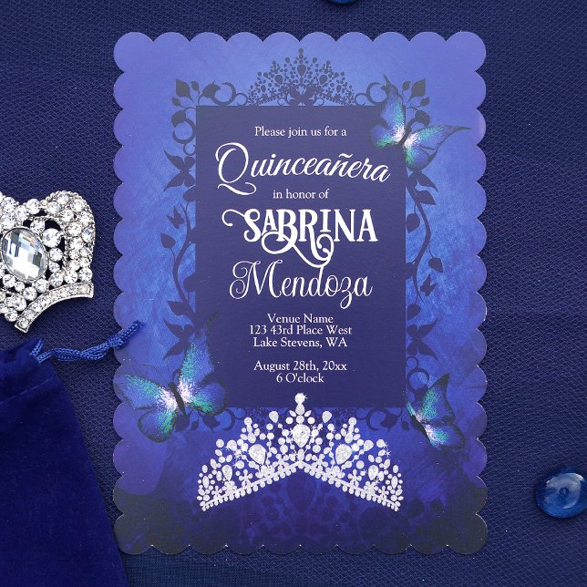 Sapphire Blue, Diamond Tiara Butterfly Quinceanera Invitation (Elegant Royal Blue and Silver Quinceanera Invitation with Diamond Tiara)