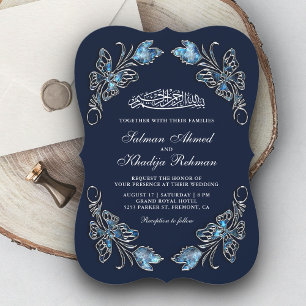 Sapphire Blue Floral Butterflies Islamic Wedding Invitation